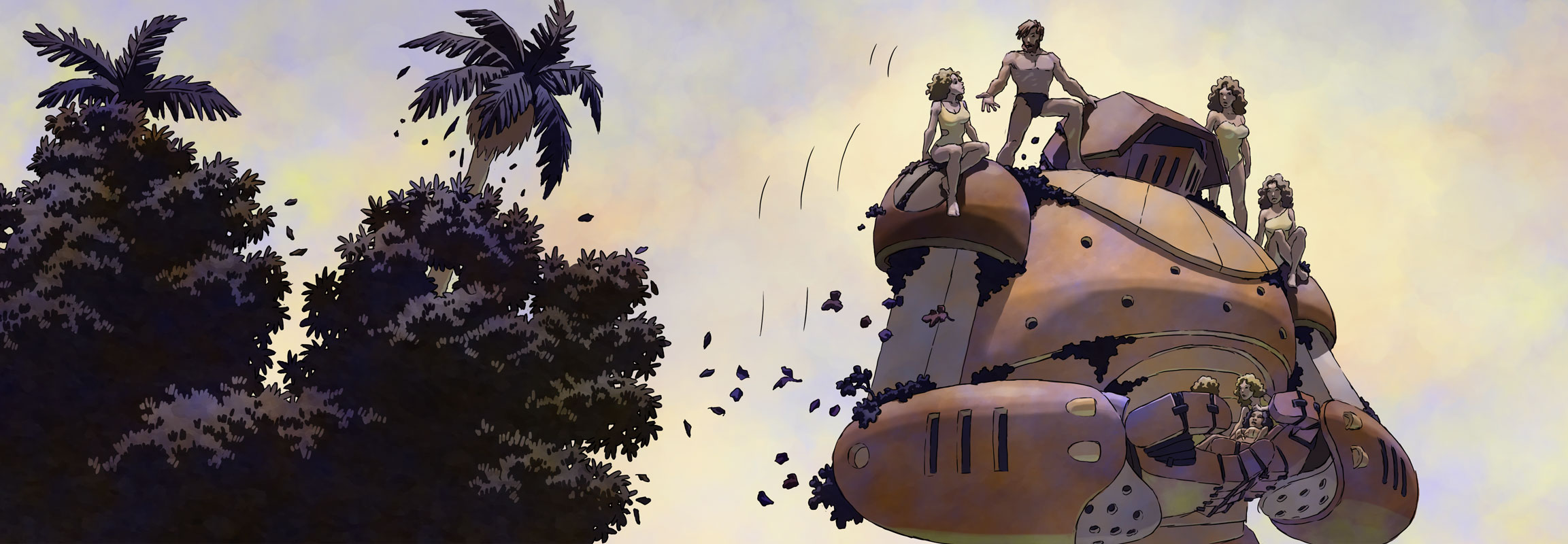 Emery and his new friends ride on a giant robot