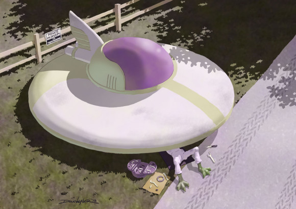 alien repairing flying saucer on roadside