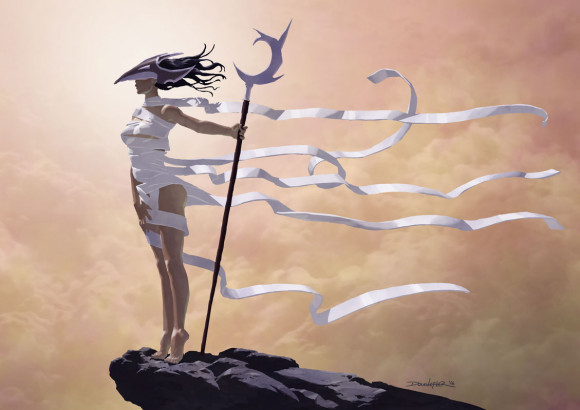 Fantasy woman sentry with ribbon