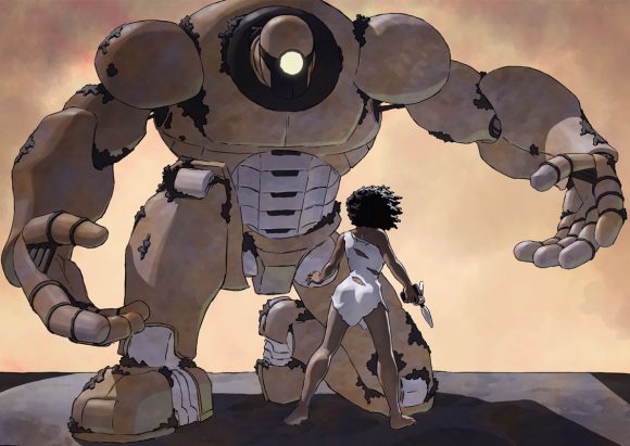Pru confronts an ancient robot with a ray gun