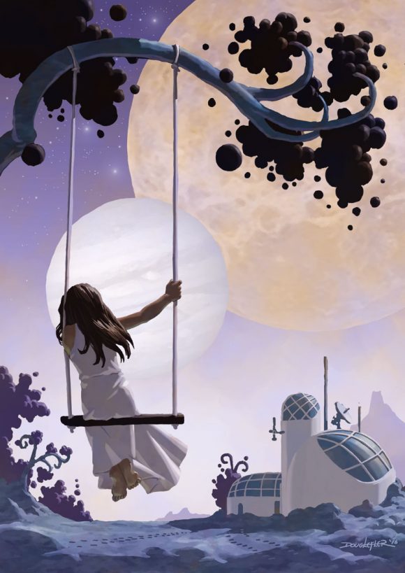 Child sitting in a swing on an alien planet