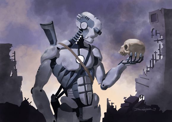 Robot Hamlet with Skull