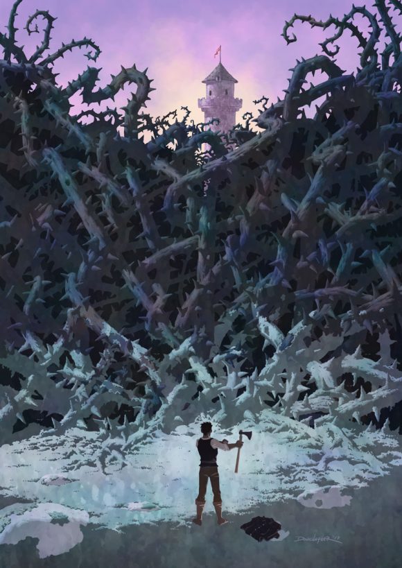 Man with axe faces wall of thorns