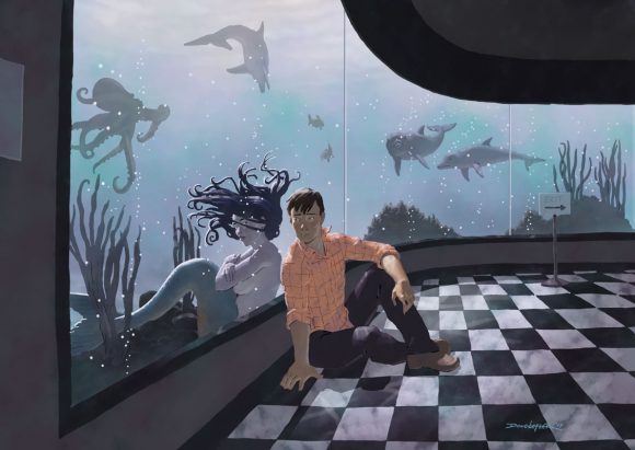 Boy with mermaid in aquarium.