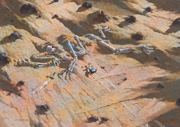 The Mars rover "Opportunity" has stopped in front of the skeleton of a Thark.